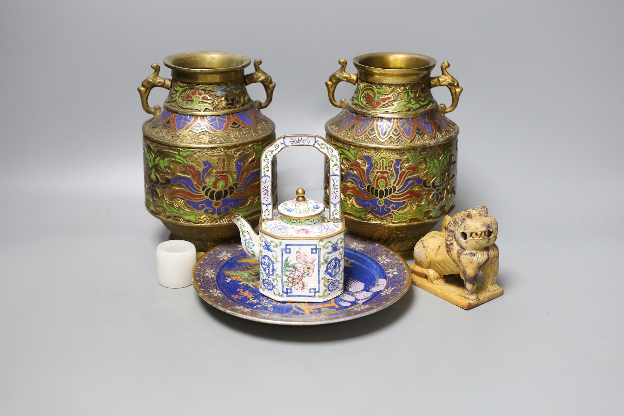 A pair of Japanese champleve enamel vases, a Canton enamel teapot, a jade archers thumb ring (6)